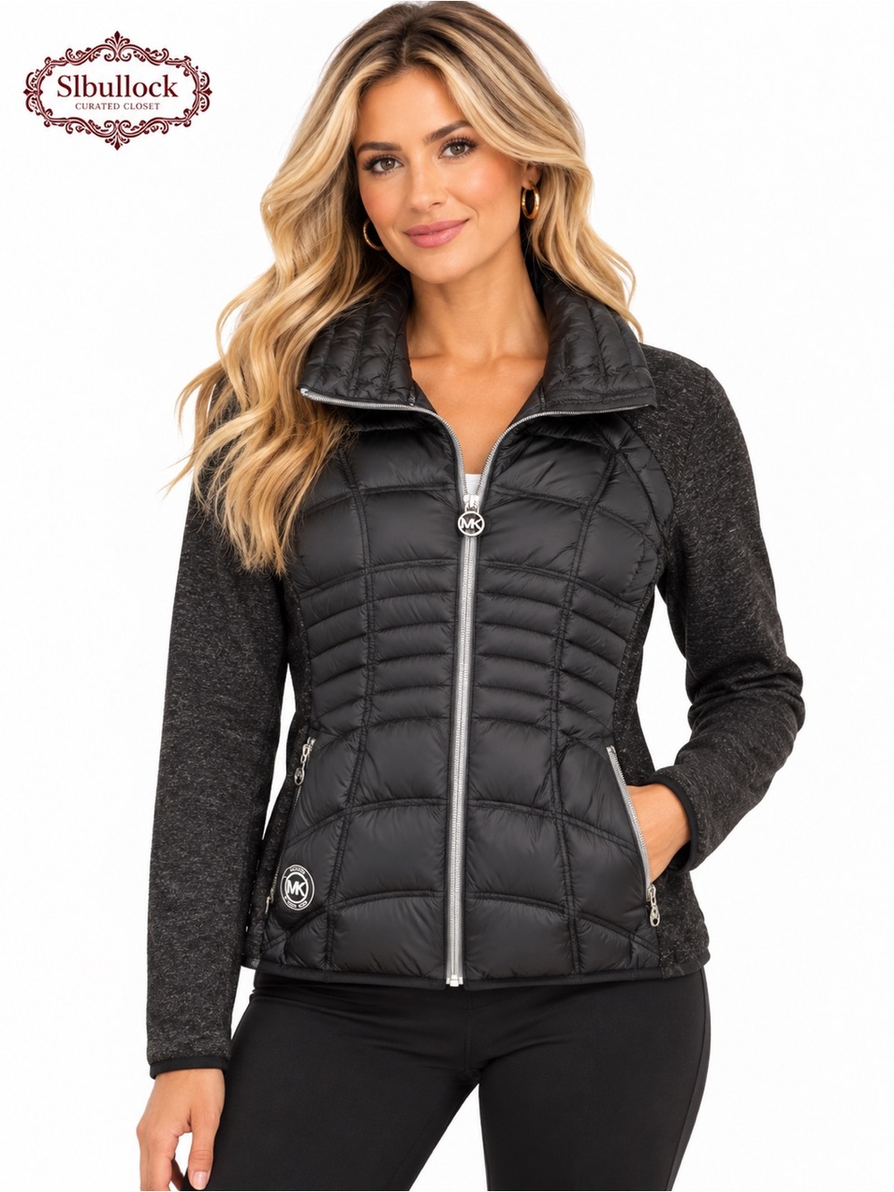 J22 MICHAEL Michael Kors Down Feather Mixed Media Puffer Jacket Black M